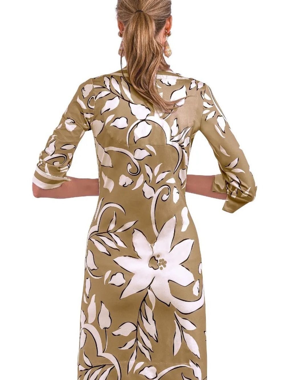 Gretchen Scott Jersey Split Neck Dress Khaki Full Bloom, Size M - Picture 4 of 7